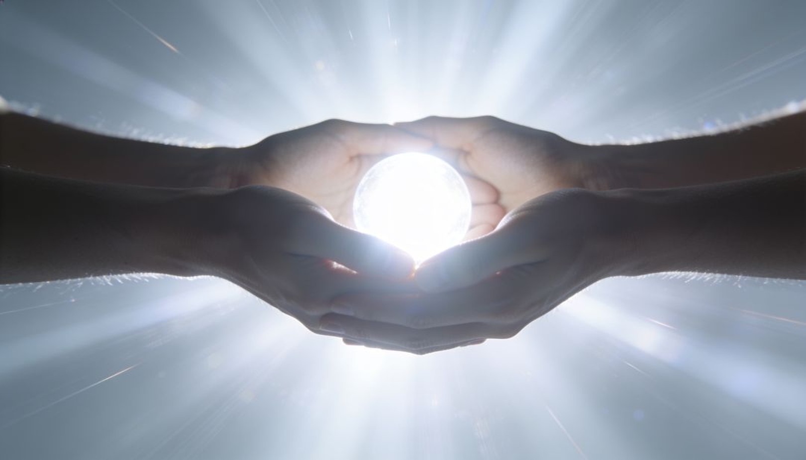 Pereche de mâini cuprinzând o sferă de lumină, energie radiantă între palme